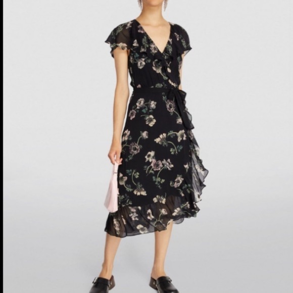 Paige Dress Palisades Faux Wrap Midi in Ruffle Black Floral - Picture 2 of 9